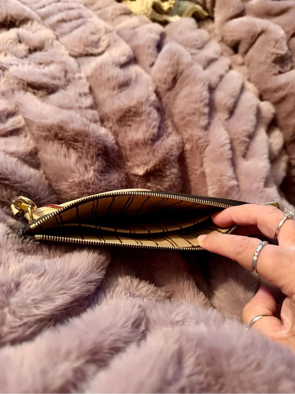Louis Vuitton Brown Monogram Wristlet with Tan Strap